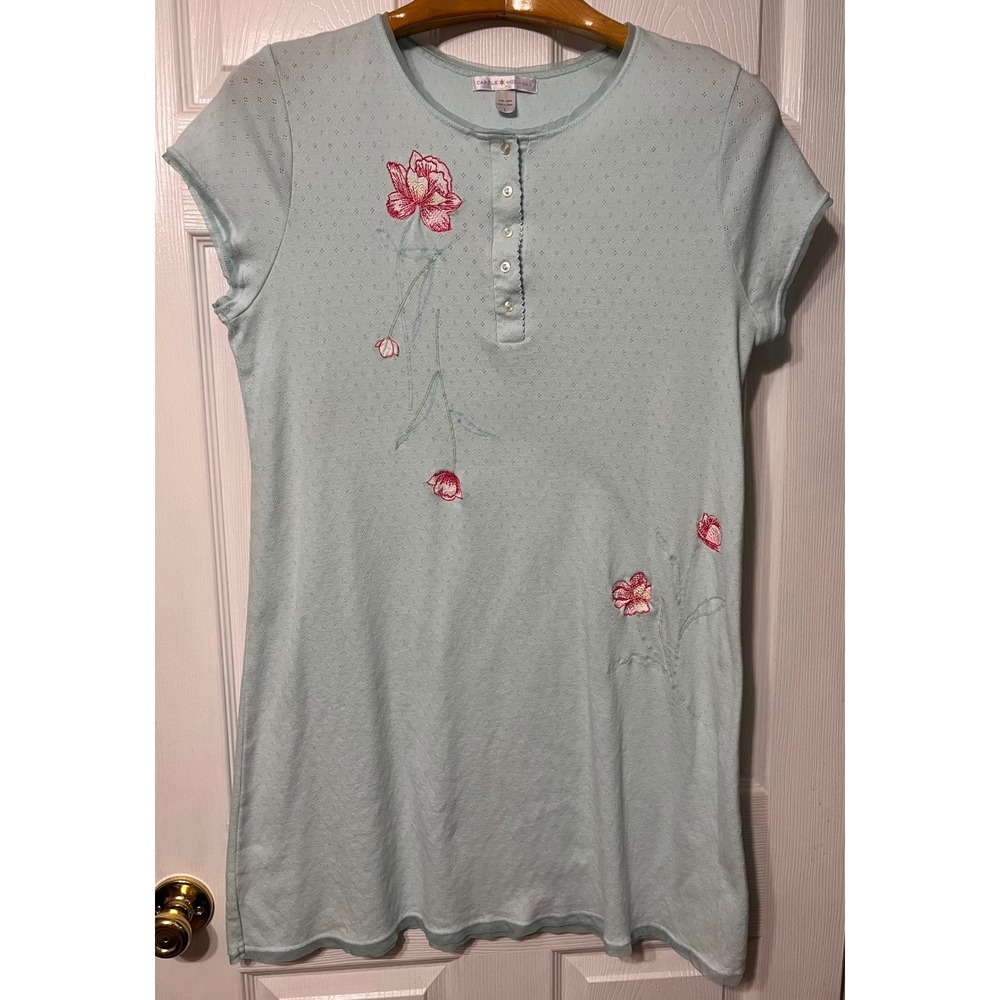 Carole‎ Hochman Light Blue Floral Embroidered Henley Nightshirt Sleep Shirt Sz L